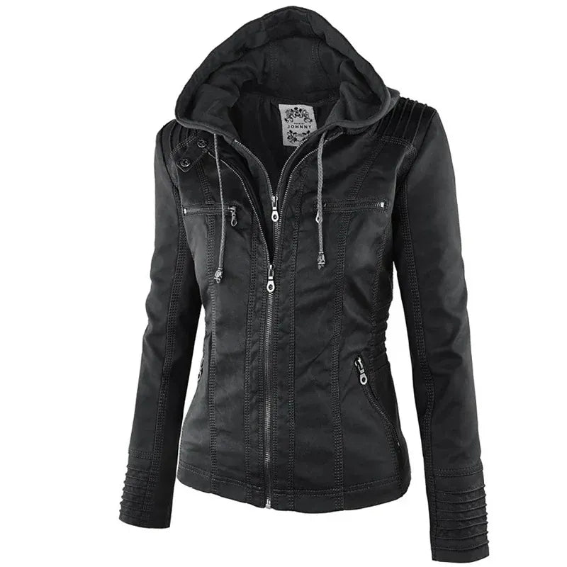 Damen-Lederjacke mit abnehmbarer Kapuze