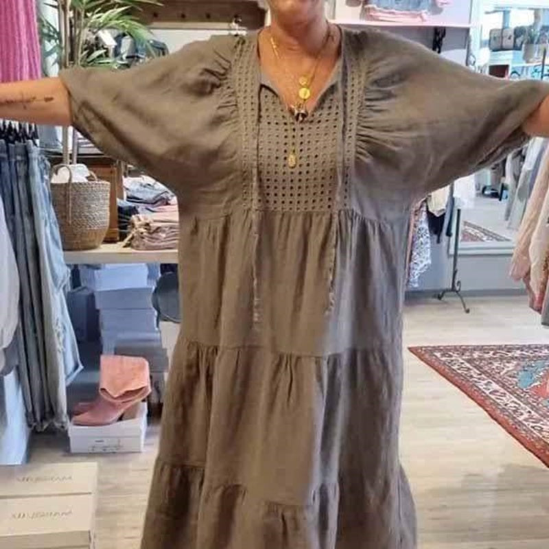 ⏳Begrenzte Zeit 50% Rabatt💥Mehrlagiges, einfarbiges, langes Kleid mit V-Ausschnitt und halben Ärmeln für Damen