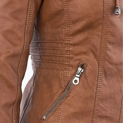 Damen-Lederjacke mit abnehmbarer Kapuze