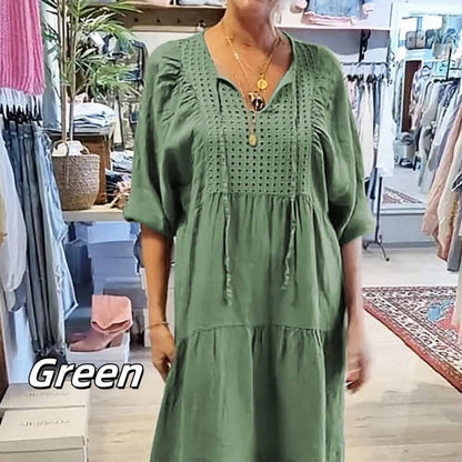 ⏳Begrenzte Zeit 50% Rabatt💥Mehrlagiges, einfarbiges, langes Kleid mit V-Ausschnitt und halben Ärmeln für Damen