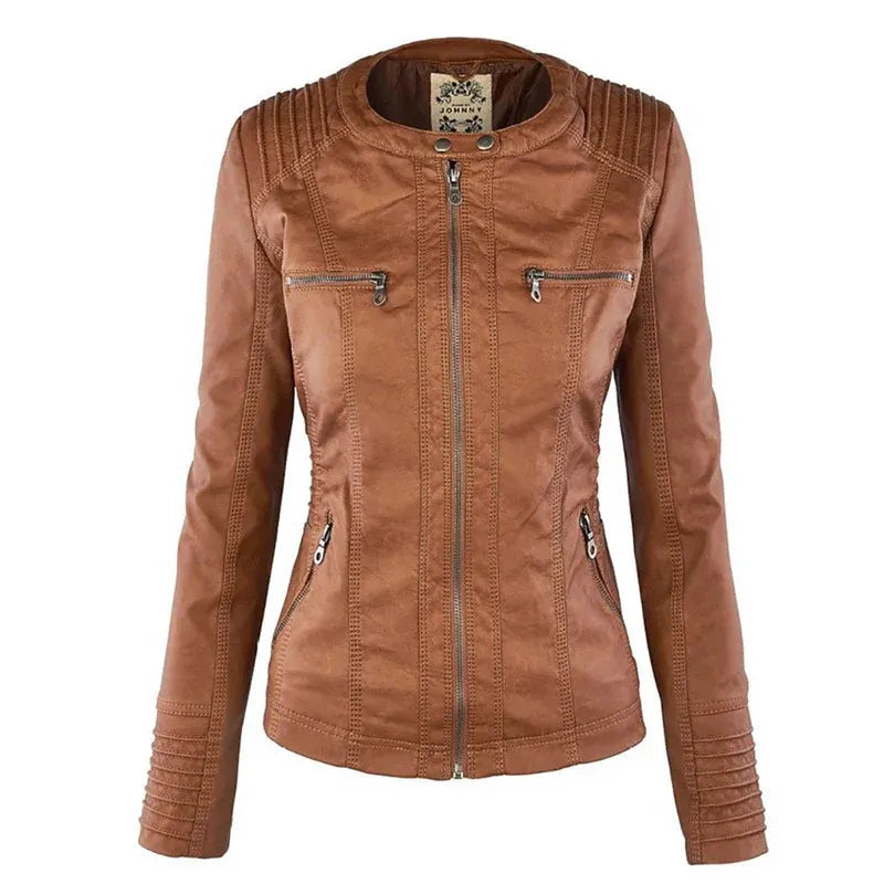 Damen-Lederjacke mit abnehmbarer Kapuze