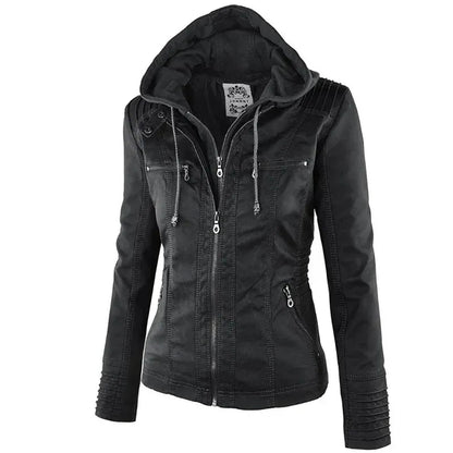 Damen-Lederjacke mit abnehmbarer Kapuze