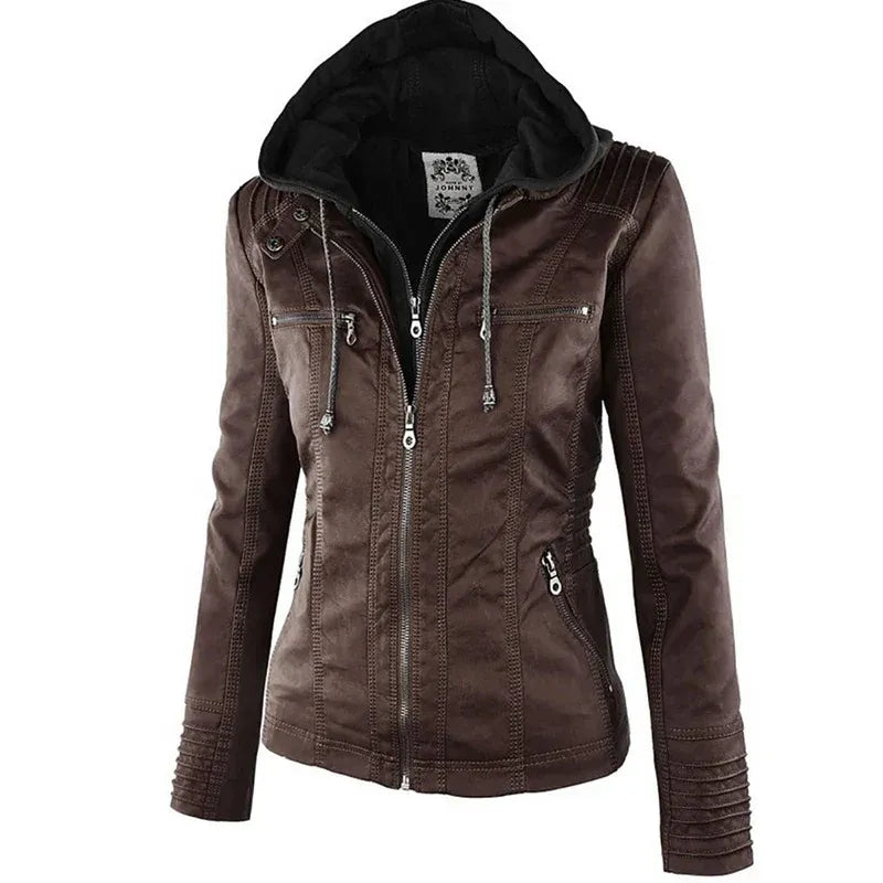 Damen-Lederjacke mit abnehmbarer Kapuze