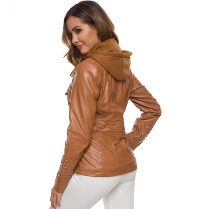 Damen-Lederjacke mit abnehmbarer Kapuze