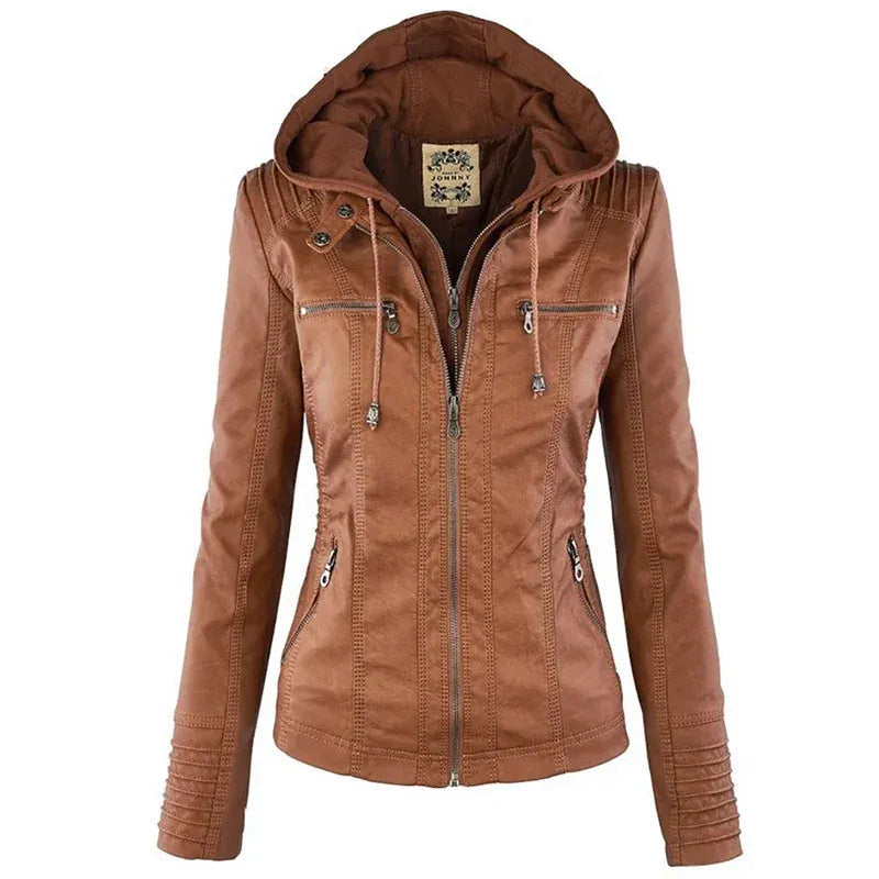 Damen-Lederjacke mit abnehmbarer Kapuze