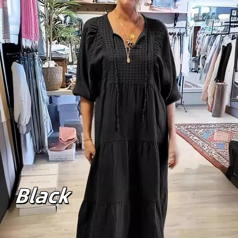 ⏳Begrenzte Zeit 50% Rabatt💥Mehrlagiges, einfarbiges, langes Kleid mit V-Ausschnitt und halben Ärmeln für Damen